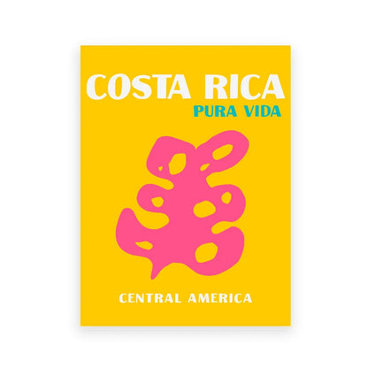 Book cover with 'Costa Rica Pura Vida' text and a pink abstract design on a yellow background