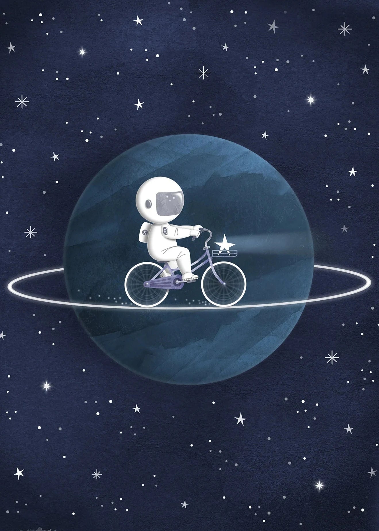 Illustration of an astronaut riding a bike on a planet with stars in the background
