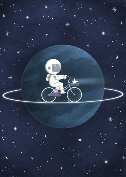 Illustration of an astronaut riding a bike on a planet with stars in the background