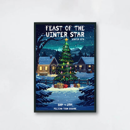 Festive poster with a Christmas tree and snowy village scene, featuring text about 'Feast of the Winter Star'.