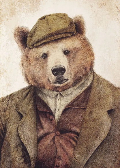 Bear wearing a coat, vest, and flat cap with a textured background
