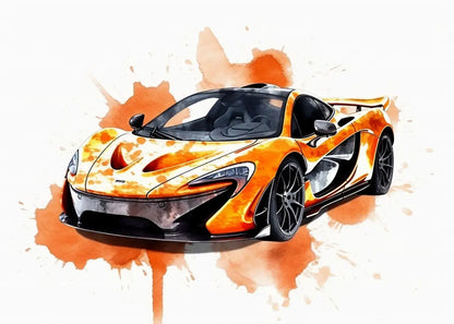 Artistic illustration of a sports car with orange and black design on a white background