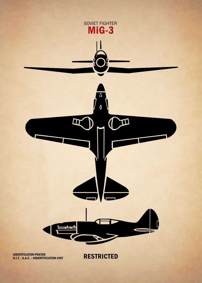 Soviet fighter MiG-3 poster with top, side, and front views on a beige background.