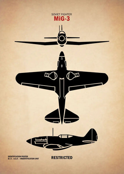 Soviet fighter MiG-3 poster with top, side, and front views on a beige background.