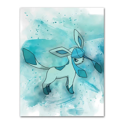 Illustration of a blue and white creature on a light blue watercolor background