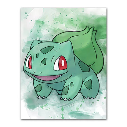 Illustration of a green creature with red eyes on a light green and white background