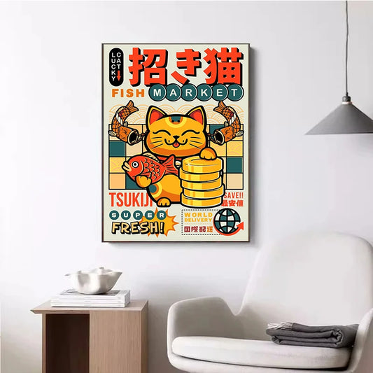 Framed artwork of a cat with fish and text on a wall in a room with a chair and side table. Canvas & Curio