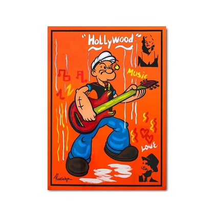 Cartoon character playing guitar with 'Hollywood Music' text on an orange background