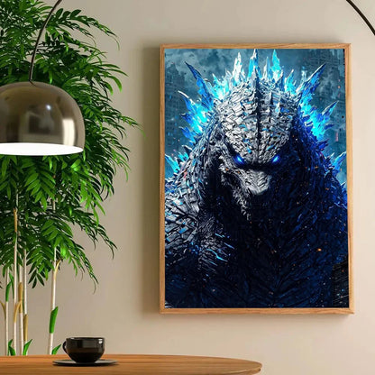 Framed artwork of a dragon-like creature with blue accents on a wall above a table with a plant and cup.