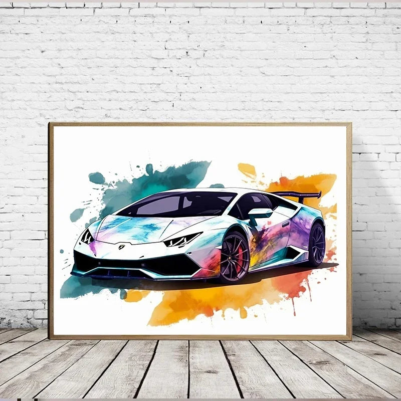 Framed artwork of a colorful sports car on a white brick wall.
