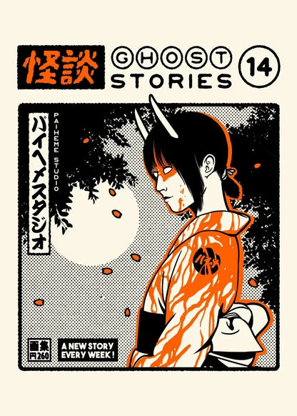 Cover of 'Ghost Stories' with a character in an orange kimono and white hair against a black and white background.