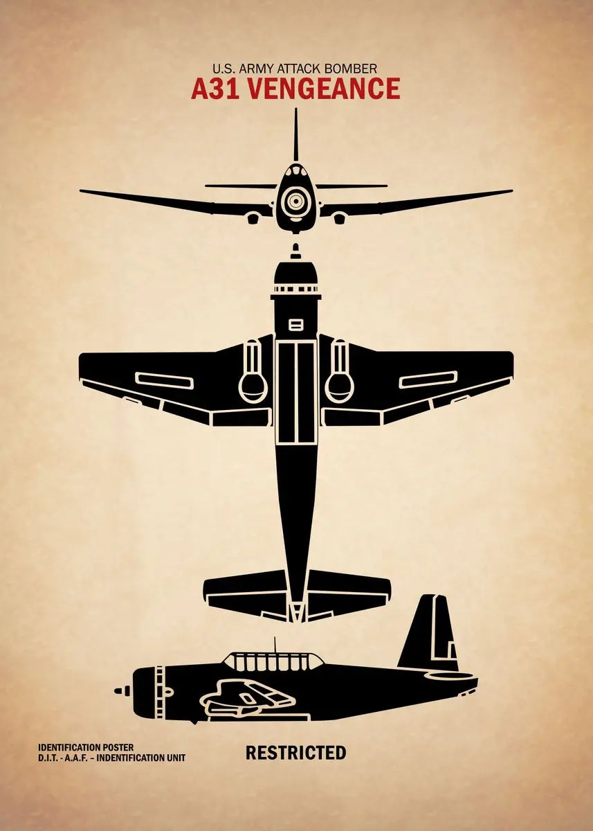 Black silhouette of a U.S. Army Attack Bomber A31 Vengeance on a beige background with text.
