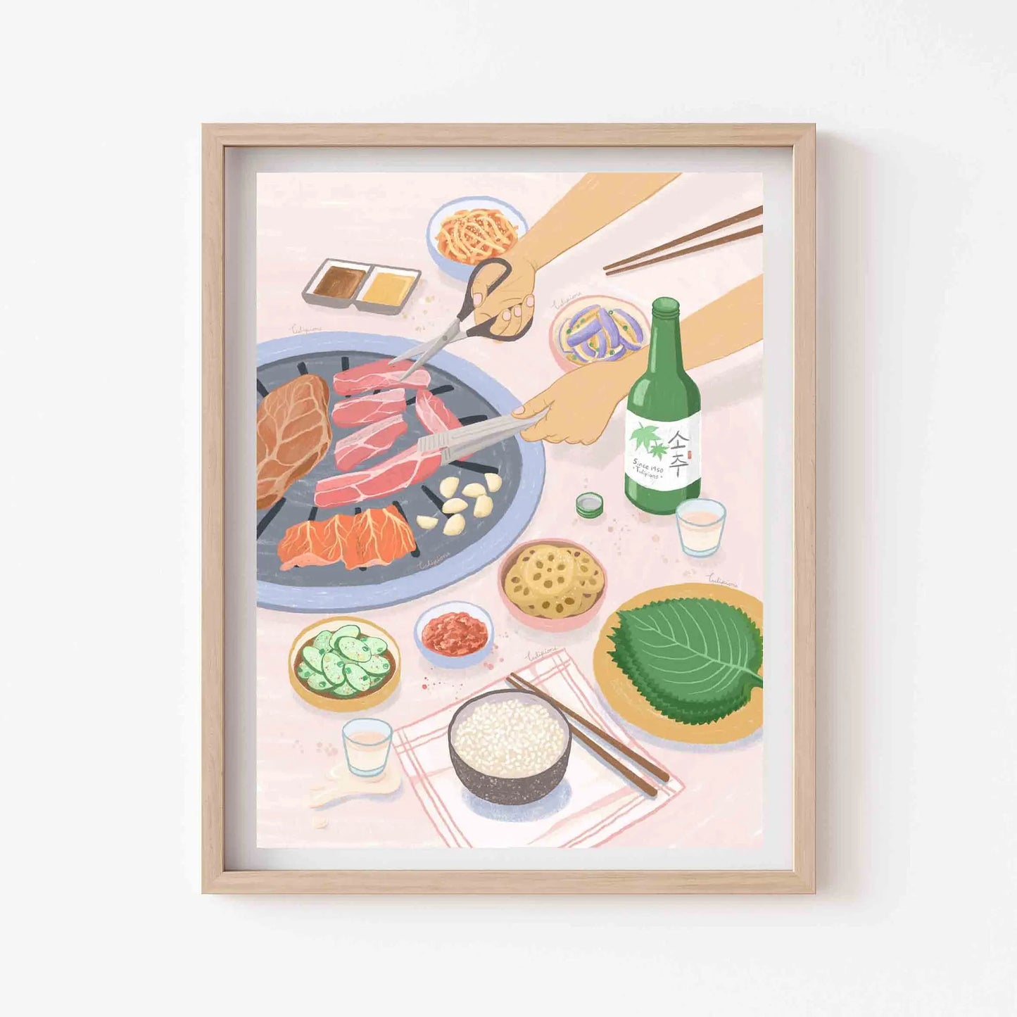 Illustration of a person cooking on a grill with various food items and a bottle of beer, framed in a wooden frame.