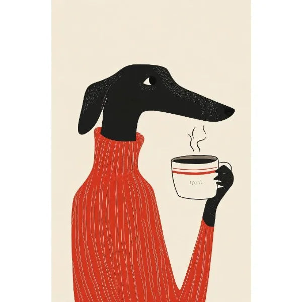 Illustration of a dog in a red sweater holding a coffee cup with steam.