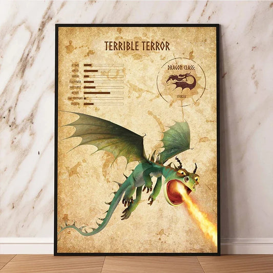 Dragon-themed poster titled 'Terrible Terror' on a textured wall. Canvas & Curio