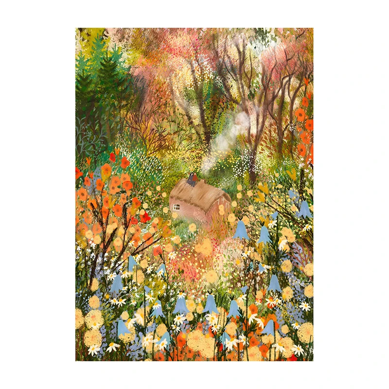 Colorful painting of a house in a forest with trees and flowers