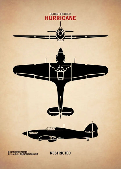 Black silhouette of a British fighter plane on a beige background