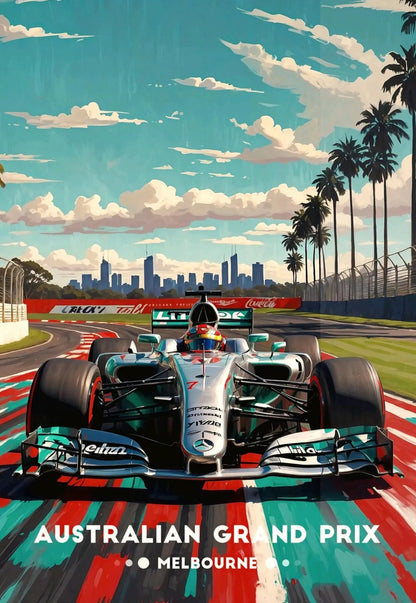 Futuristic race car on a racetrack with palm trees and city skyline in the background, labeled 'Australian Grand Prix Melbourne'.