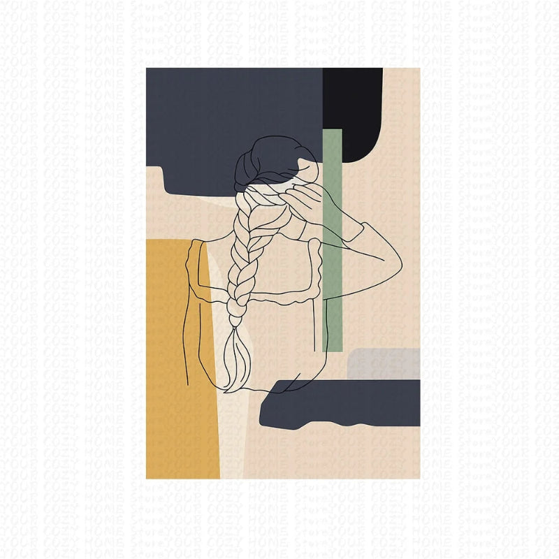 Abstract art print with geometric shapes and a minimalistic figure on a beige background