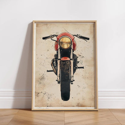 Framed artwork of a motorcycle on a beige background