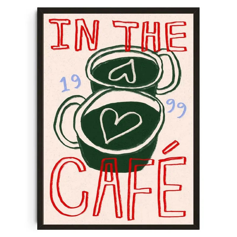 Poster with a green teapot and text 'In the Café' on a beige background