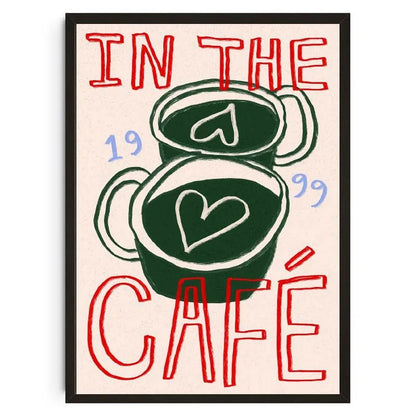 Poster with a green teapot and text 'In the Café' on a beige background