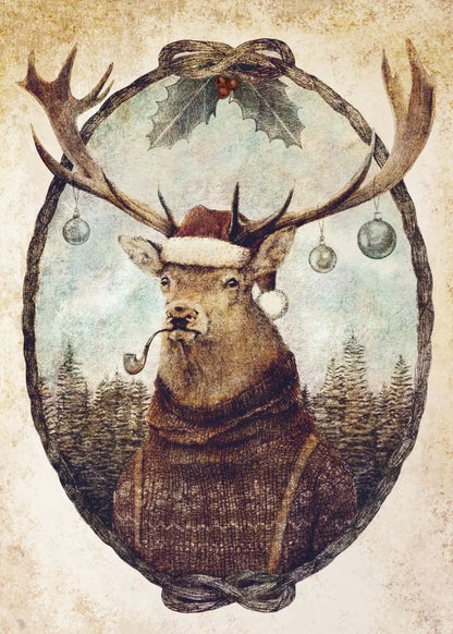Illustration of a deer wearing a sweater with a forest background