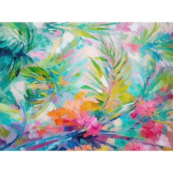 Colorful abstract painting with tropical leaves and flowers