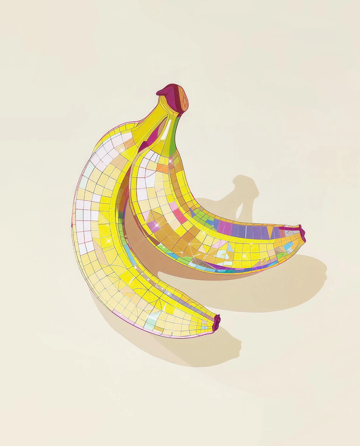 Colorful mosaic banana sculpture on a beige background