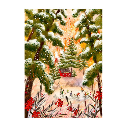Winter scene with a red cabin, people, and snow-covered trees.