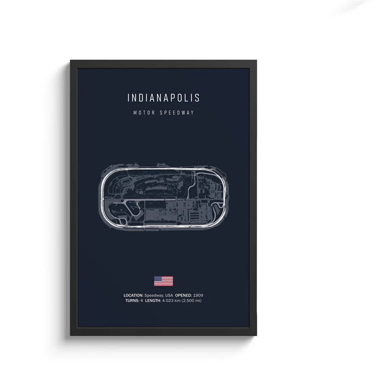 Framed poster of Indianapolis Motor Speedway layout on a dark blue background