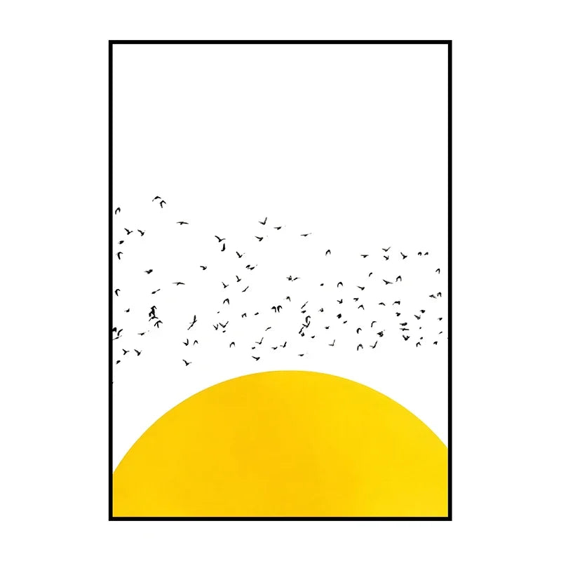 Framed artwork with a yellow half-circle and black bird silhouettes on a white background
