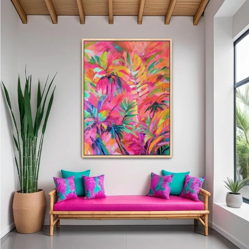 Modern interior with a colorful abstract painting, pink bench, and green plants.