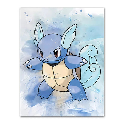 Cartoon character with blue shell and white belly on a light blue background