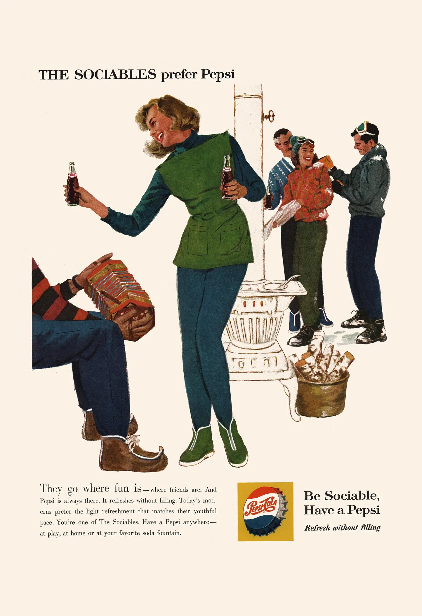 Vintage Pepsi advertisement with people around a fireplace, holding Pepsi bottles.
