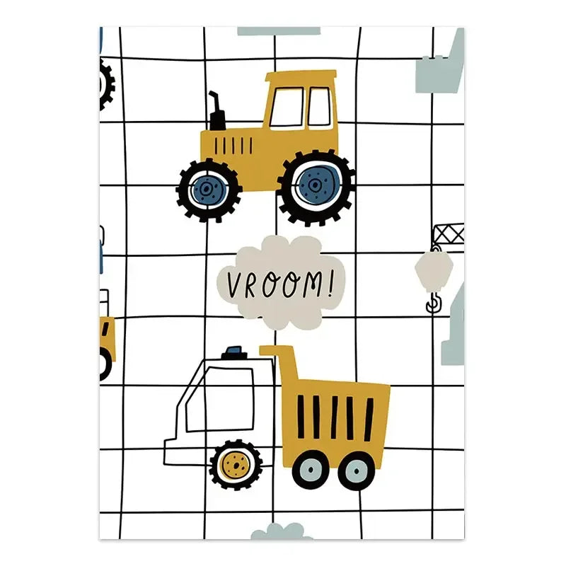 Children's room decor with yellow tractors and 'Vroom!' text on a grid background