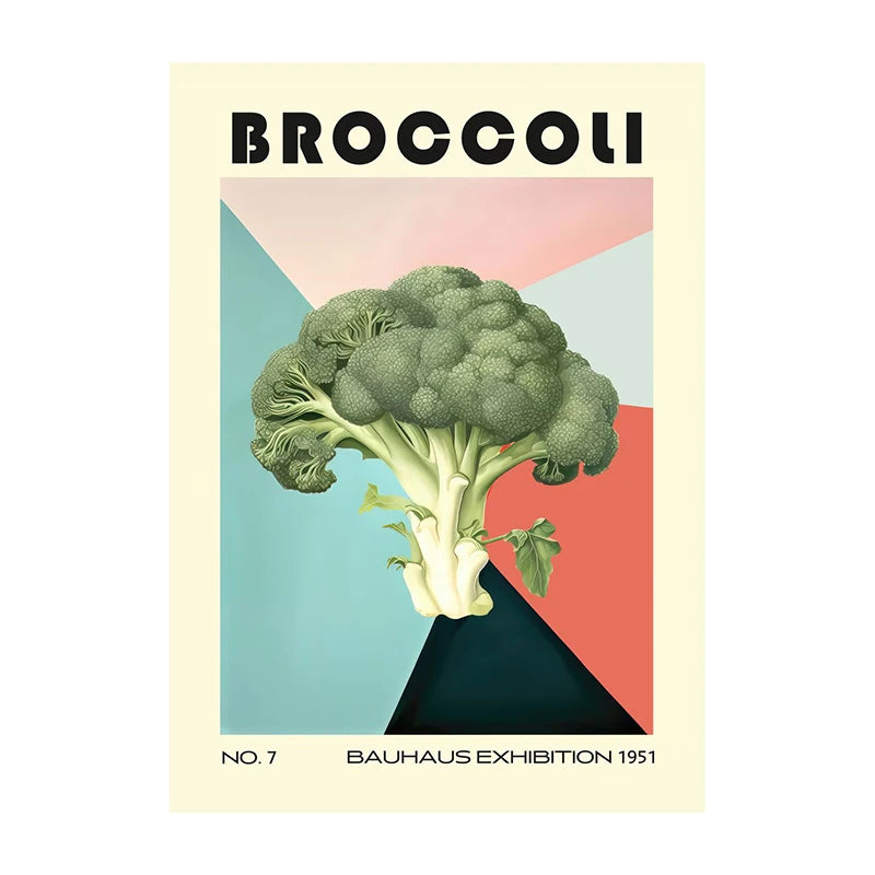 Poster of a broccoli with geometric shapes and text on a colorful background