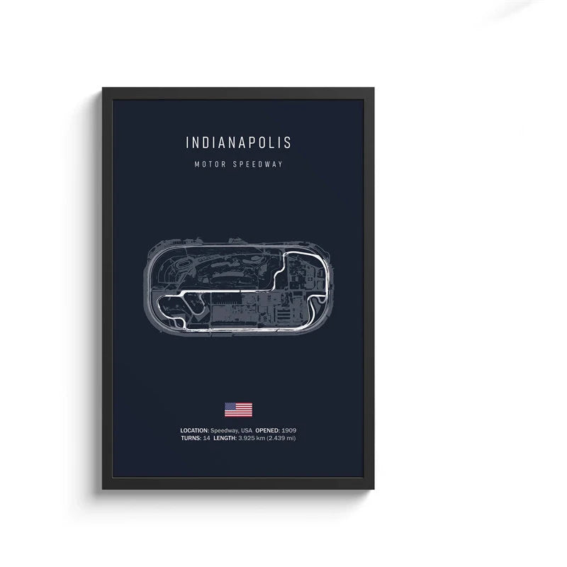 Framed map of Indianapolis Motor Speedway on a dark blue background