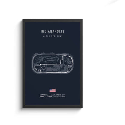 Framed map of Indianapolis Motor Speedway on a dark blue background