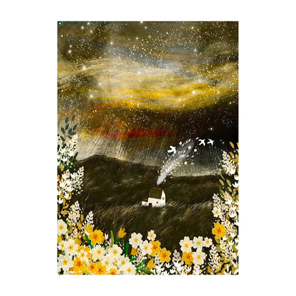 Artistic depiction of a landscape with flowers, a house, and birds against a starry sky.