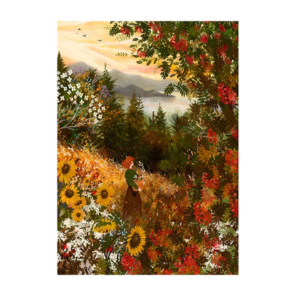 Scenic painting of a woman in a field with sunflowers and a mountain view, framed by flowers.