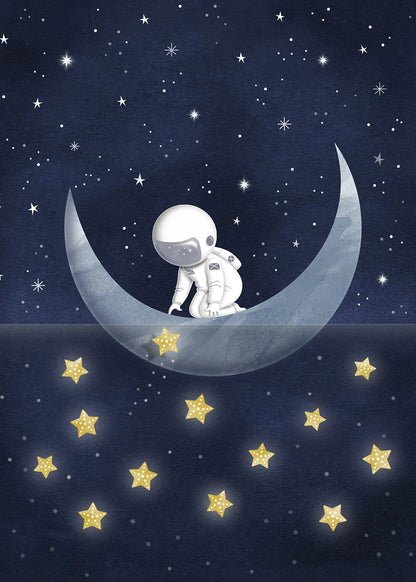 Illustration of an astronaut on a crescent moon with stars in the background