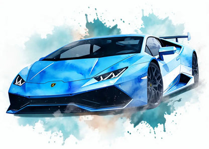 Blue sports car on a watercolor background