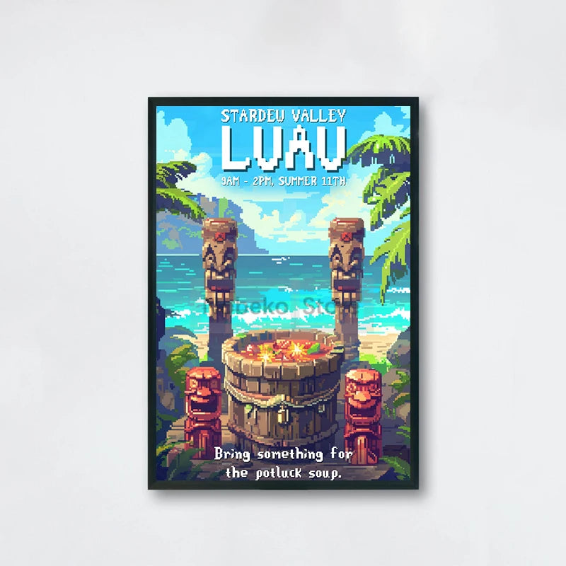 Pixel art poster of a tropical scene with tiki statues and text, framed on a white background.