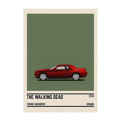 Red car illustration on a green background with text about 'The Walking Dead' by Frank Darabont.