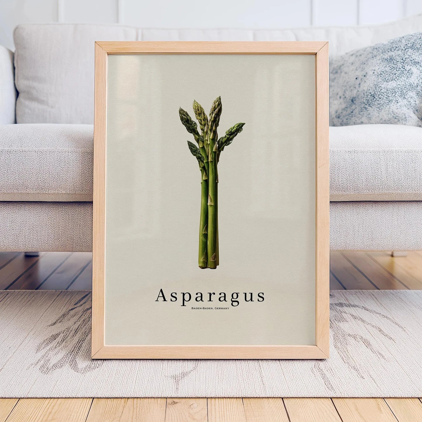 Framed print of asparagus on a neutral background