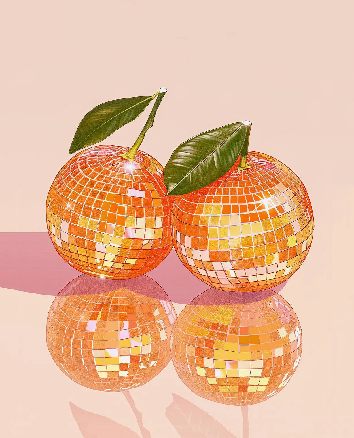 Two disco balls with reflective orange surface and green leaves on a pink background