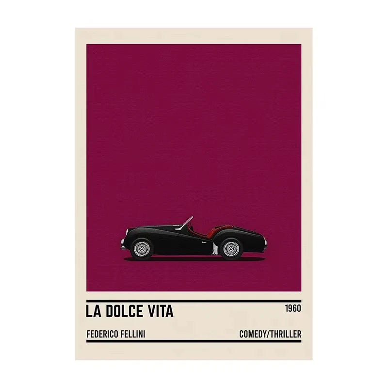 Movie poster for 'La Dolce Vita' featuring a black sports car on a red background.