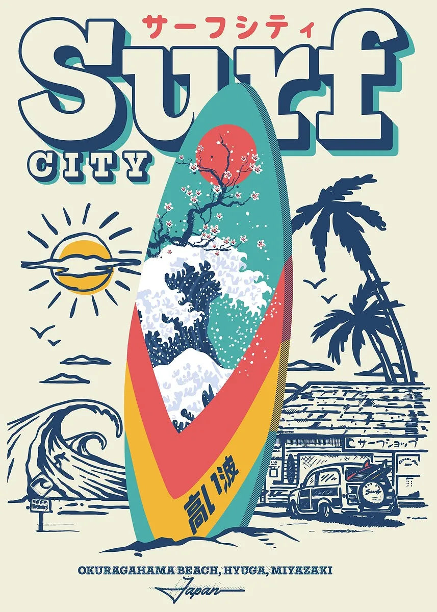 Vintage-style poster with a surfboard design, waves, palm trees, and text on a beige background.