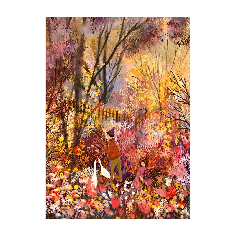 Colorful illustration of a couple in an autumn forest with trees and flowers.